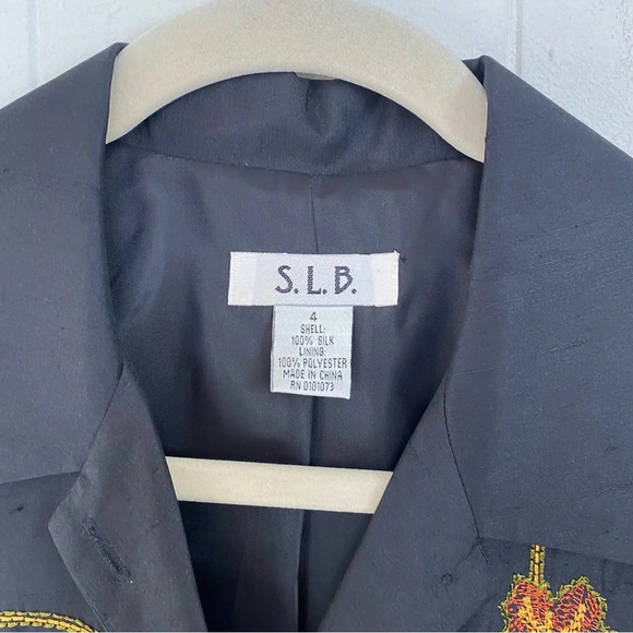VTG S.L.B. Y2K Fall Embroidered 100% Silk Lightweight Jacket Blazer Size 4 Black - Picture 5 of 14